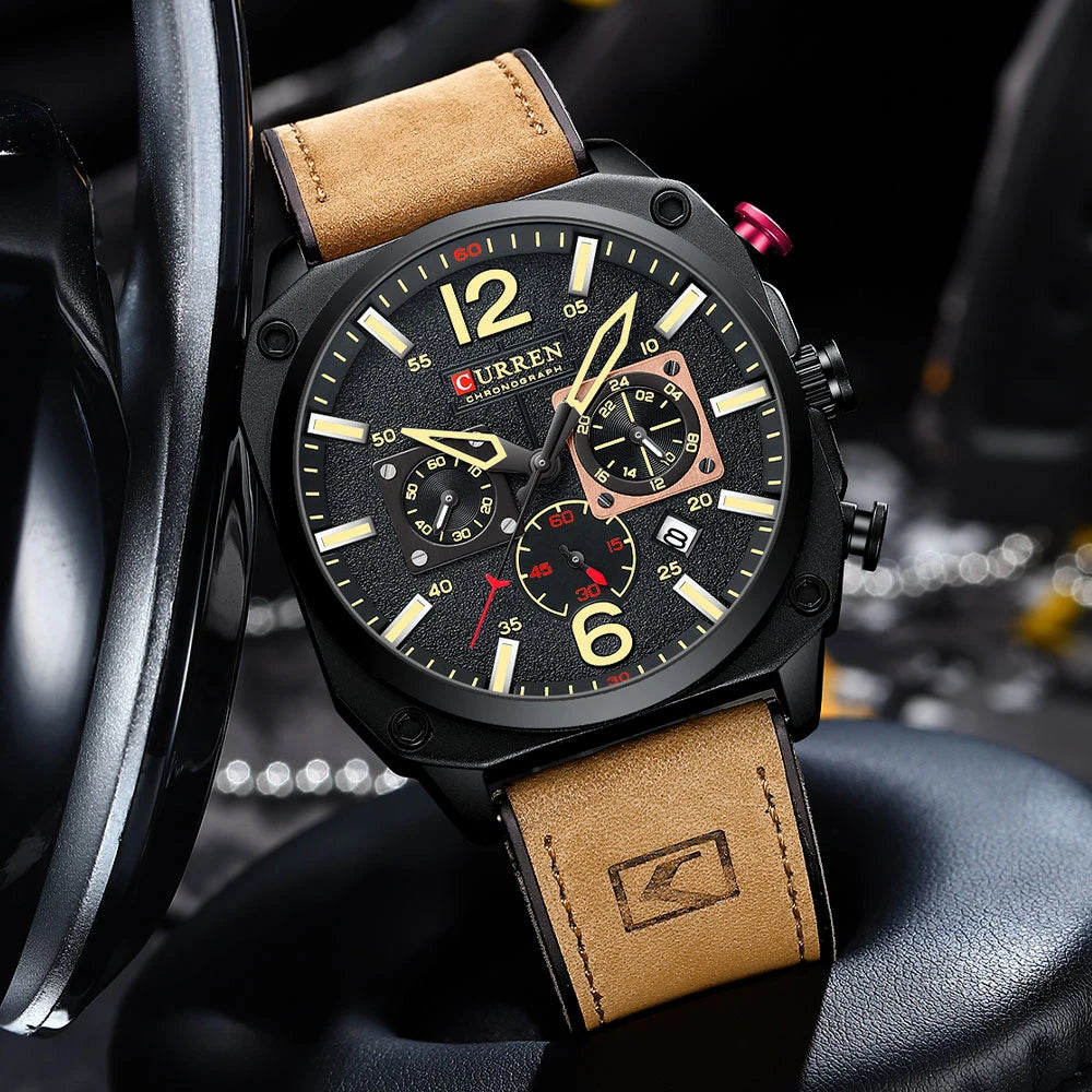 Men's Military Sports Watch - Leather Strap Chronograph Quartz