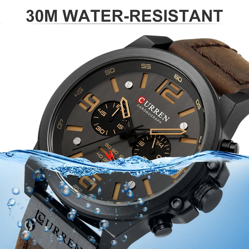 Men's Military Sports Watch - Chronograph Waterproof with Genuine Leather Strap