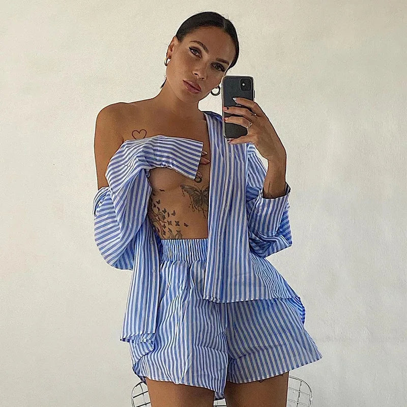 Women's Striped Blouse Shirts and Shorts Matching Set Loose Shirt Sleeve Top Outfits Summer Set