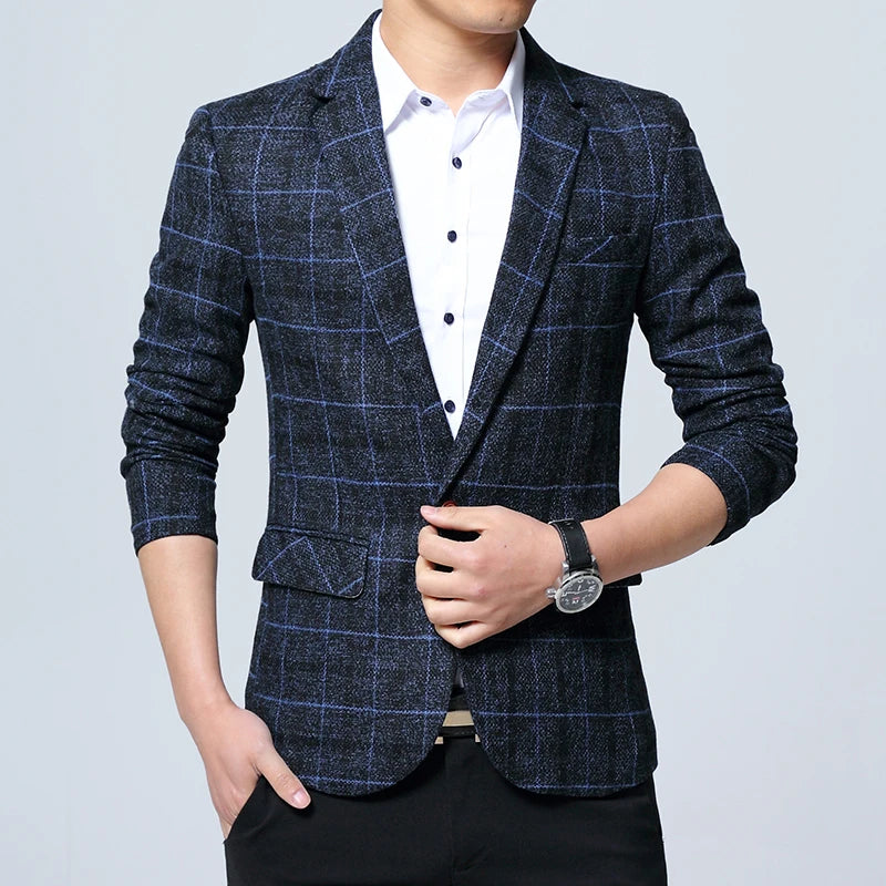 Men Blazers Slim Fit Plaid Blazer Jacket