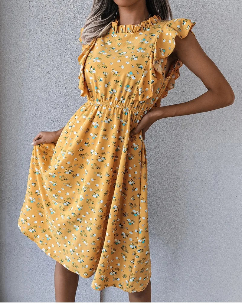Women's Vintage Butterfly Sleeve Ruffles Heart Dot Print Medium Long Chiffon Spring Summer Dress