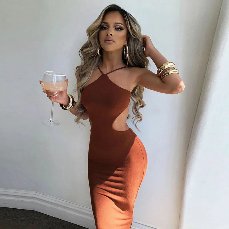 Women's Halter Maxi Sleeveless Backless Party Cutout Bandage Dress