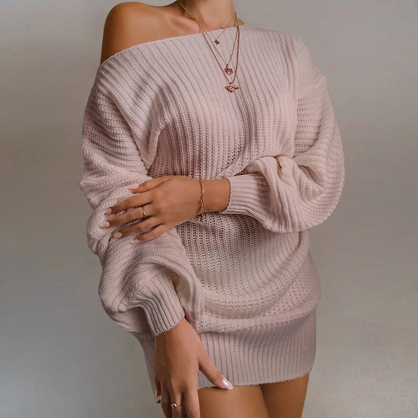 Women's Knitted Mini Sweater Dress - Long Sleeve Knitwear Dress