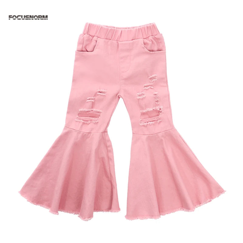 2-7Y Baby Girls Flare Trousers Hole Design Elastic Waist With Pocket - Child Spring and Summer Clothing