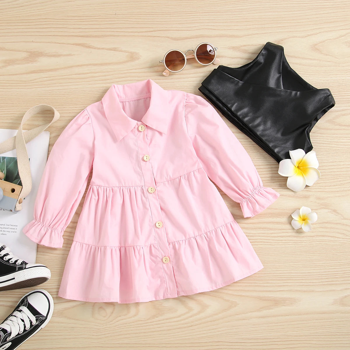 Kids Girls Dress 2pcs Outfits 1-6Y - Solid Single Breasted Shirts Dress with PU Leather Vest