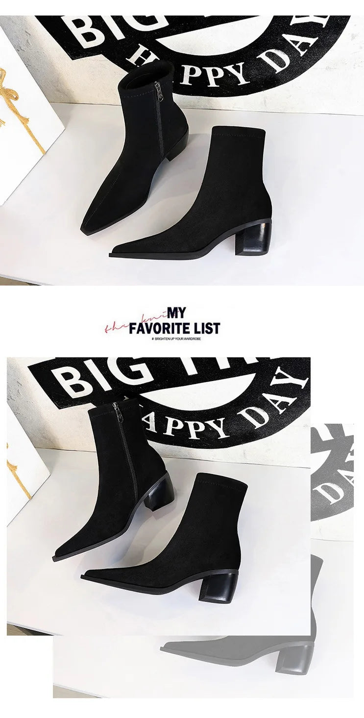 Suede Ankle Boots - Pointed Toe Thick Heel Autumn Boots for Women