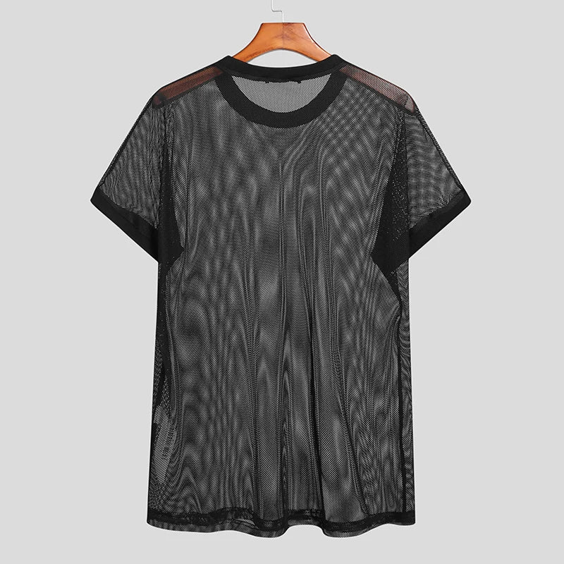 Men's Round Neck Short Sleeve Mesh Transparent T-Shirt