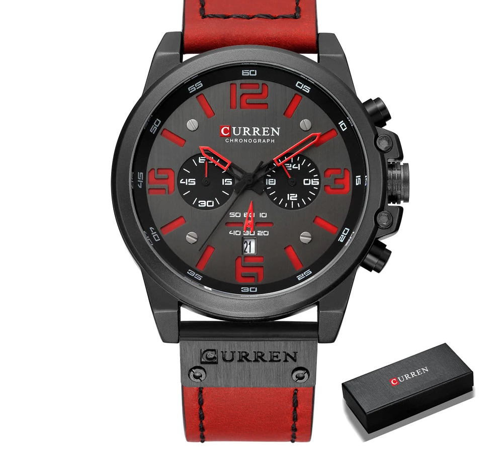 Men's Military Sports Watch - Chronograph Waterproof with Genuine Leather Strap