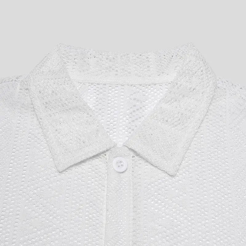 Men Mesh See Through Lapel Short Sleeve Lace Button Shirt