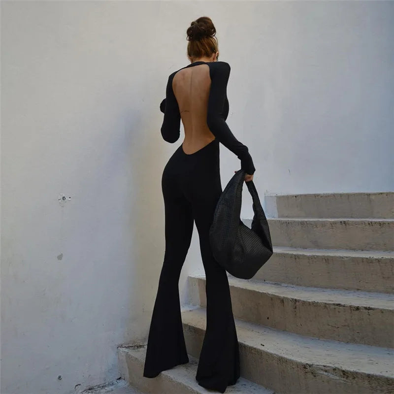 Women's Backless Jumpsuits - Flare Pants One Piece Outfit