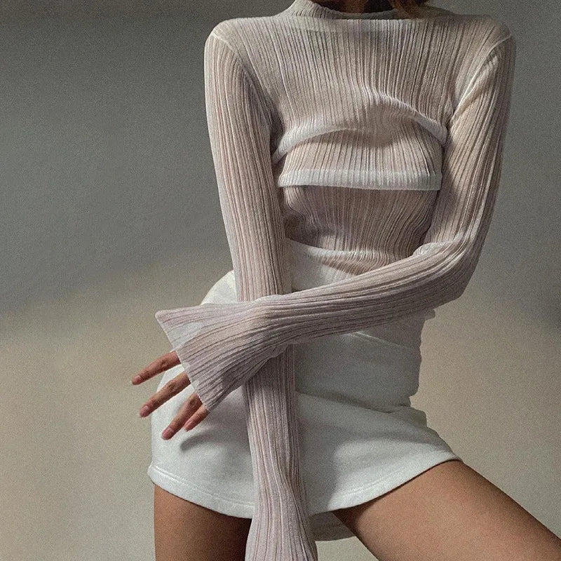 Women's Elegant See Through Long Sleeve Mock Neck Top