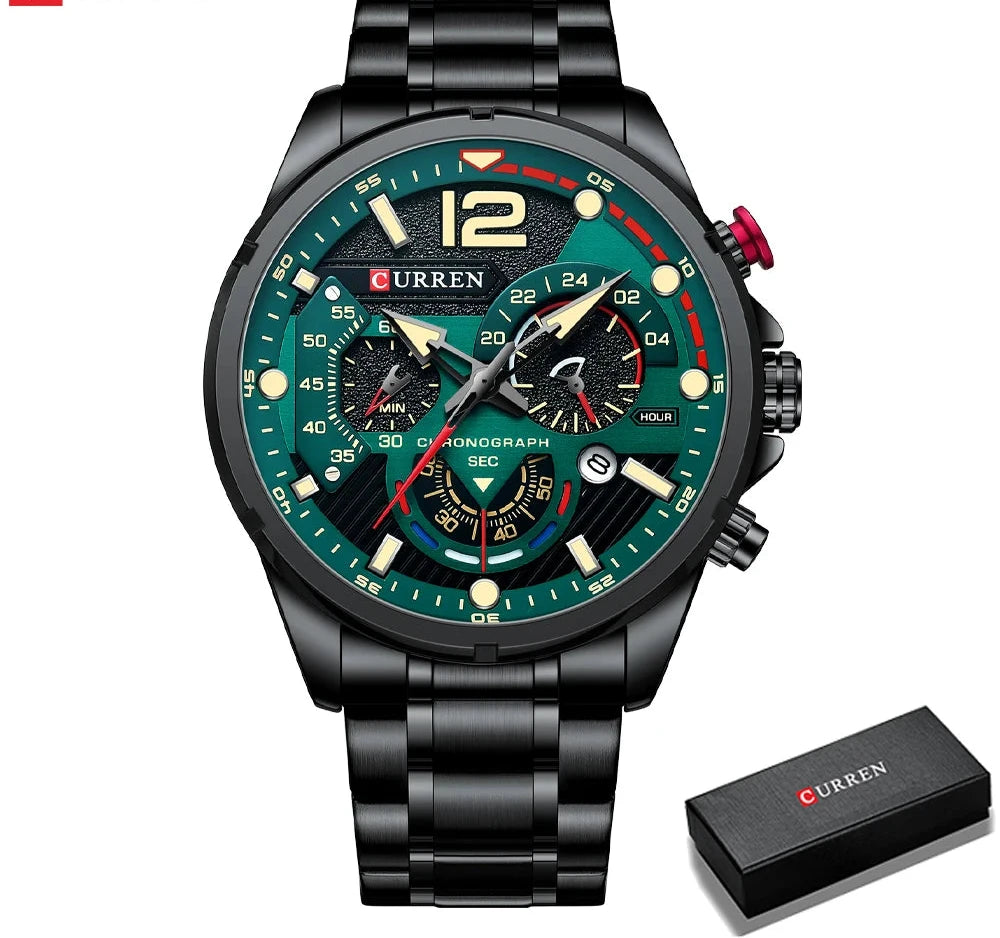 Premium Green Stainless Steel Quartz Watch - Waterproof Sport Chronograph