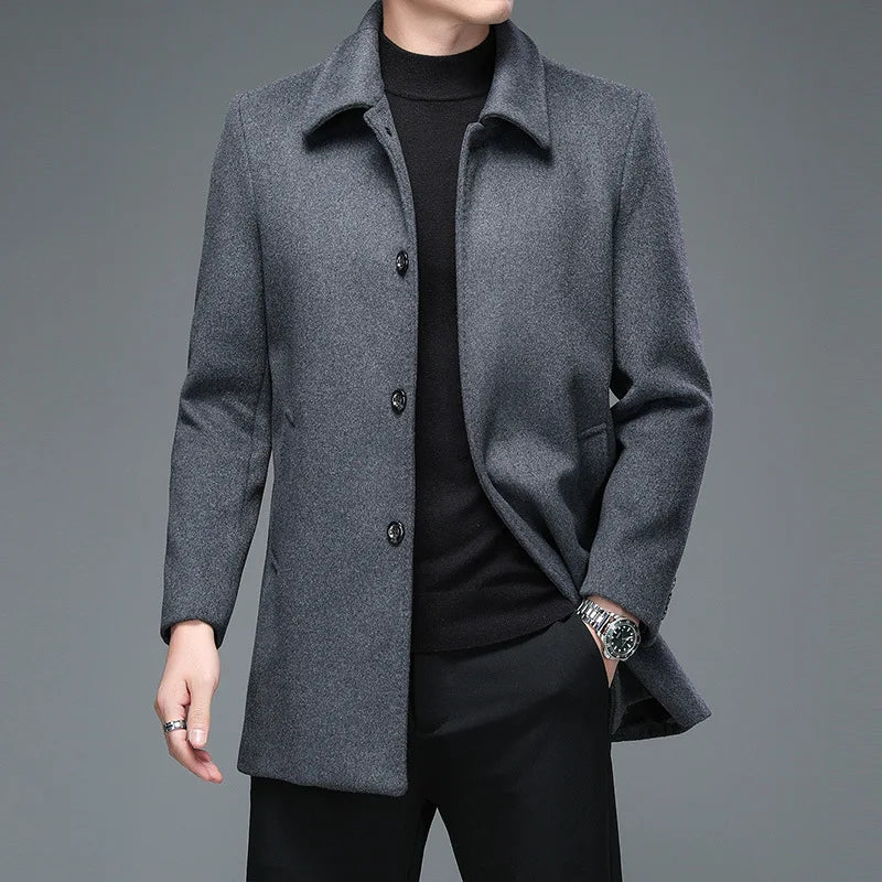 Men's Winter Long Overcoat Turn Down Collar Wool Blends Jacket