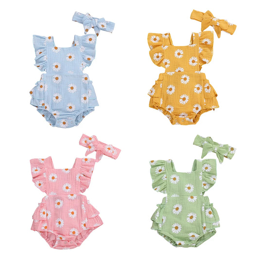 Newborn Baby Bodysuit with Headband - Floral Print Short Sleeve Backless Jumpsuit