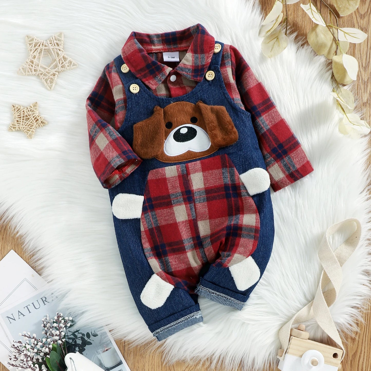 Baby Boys Gentleman Clothes Set 2pcs - Plaid Printed Shirts Romper Babygrow Cartoon Bear Overalls Pants