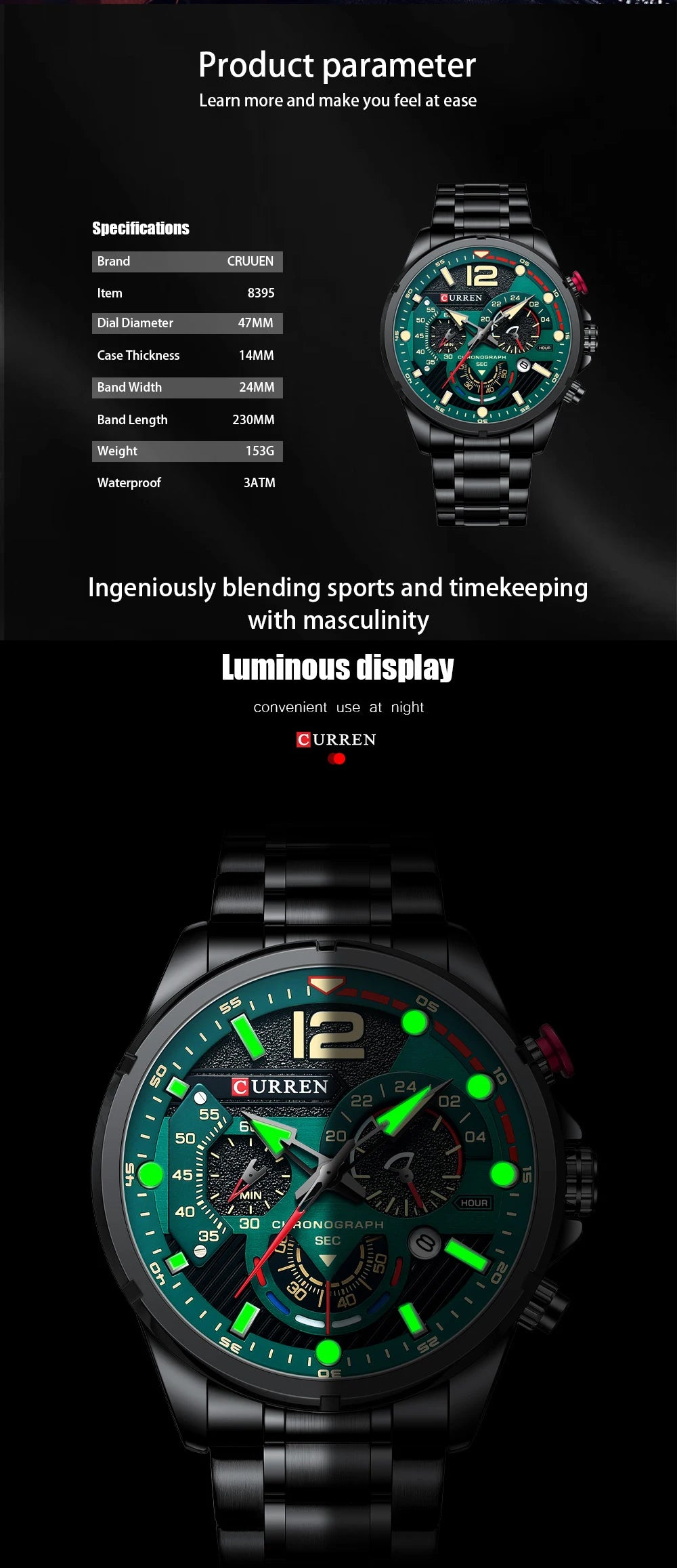 Premium Green Stainless Steel Quartz Watch - Waterproof Sport Chronograph