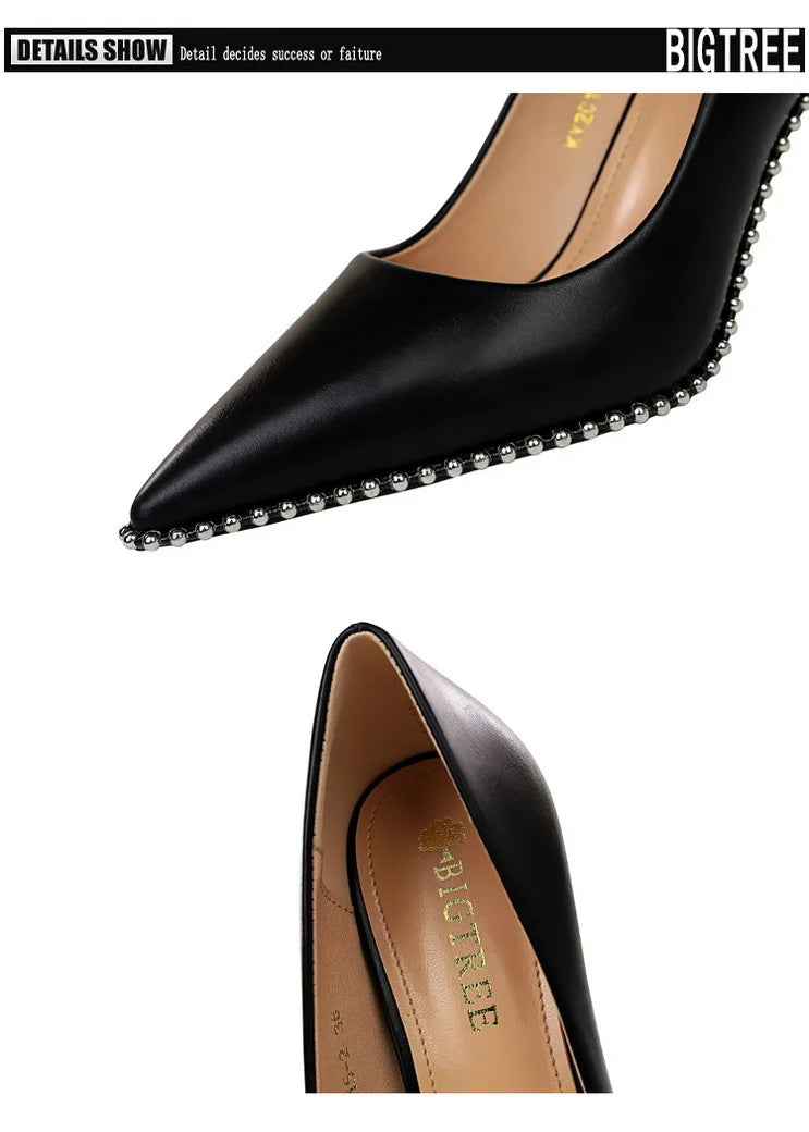 Women's Rivets String Bead PU Leather High Heels Shoes