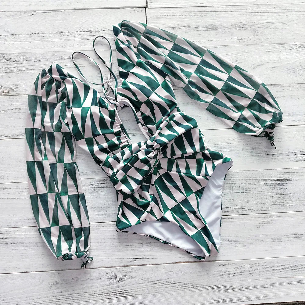 Women's Summer Vintage One Piece Swimsuit Long Sleeve Swimwear