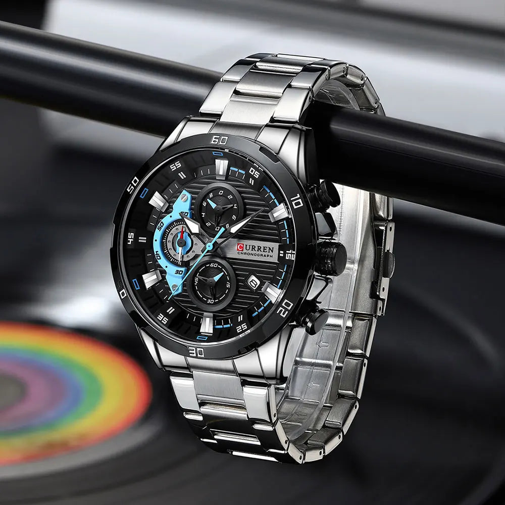 Men's Sports Watch - Full Steel Waterproof Chronograph Quartz