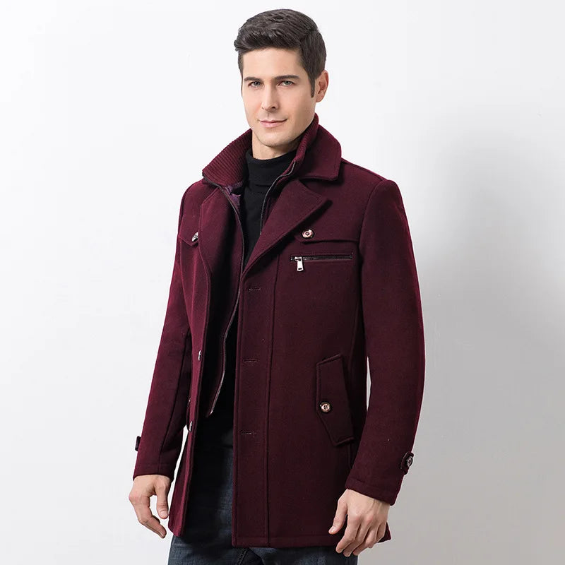 Men's Wool Medium Trench Thicken Windbreaker Overcoat Jacket