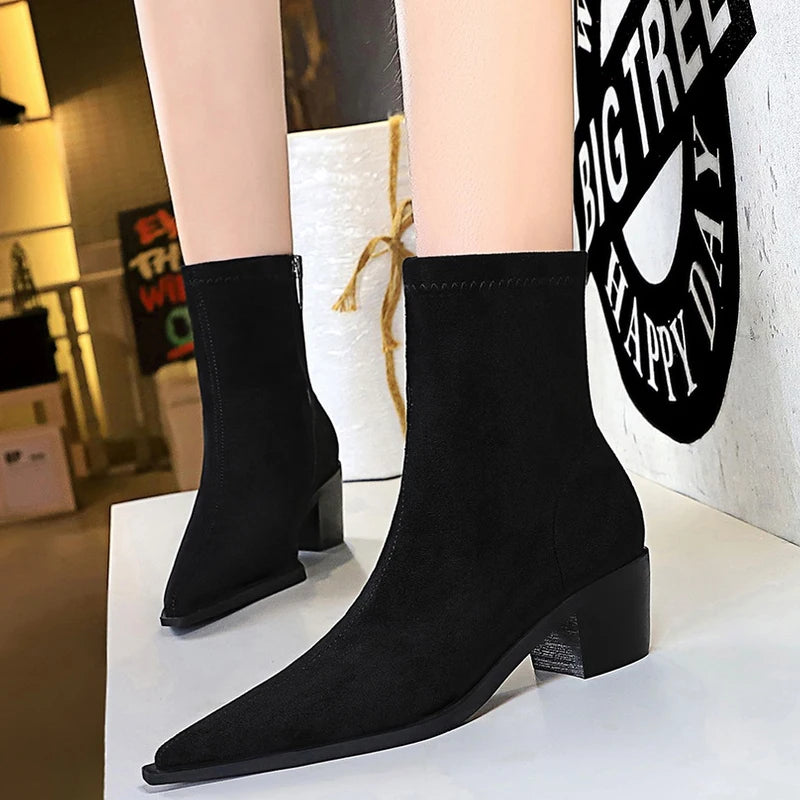 Suede Ankle Boots - Pointed Toe Thick Heel Autumn Boots for Women