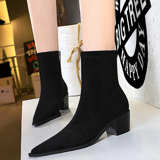 Suede Ankle Boots - Pointed Toe Thick Heel Autumn Boots for Women