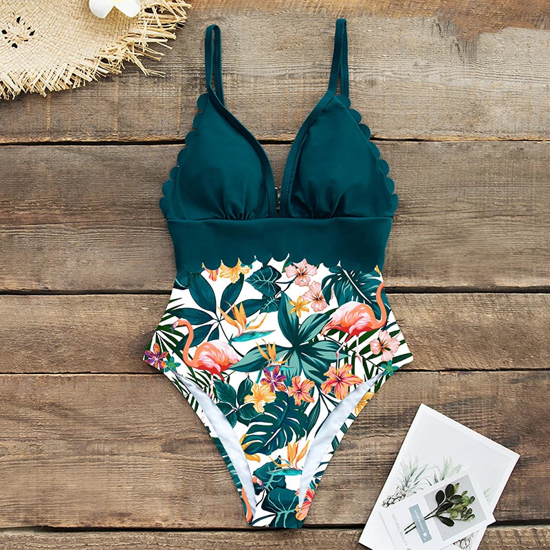 Women's One-piece Swimsuit  Deep V neck Back Cutout Ruffle Summer Swimwear