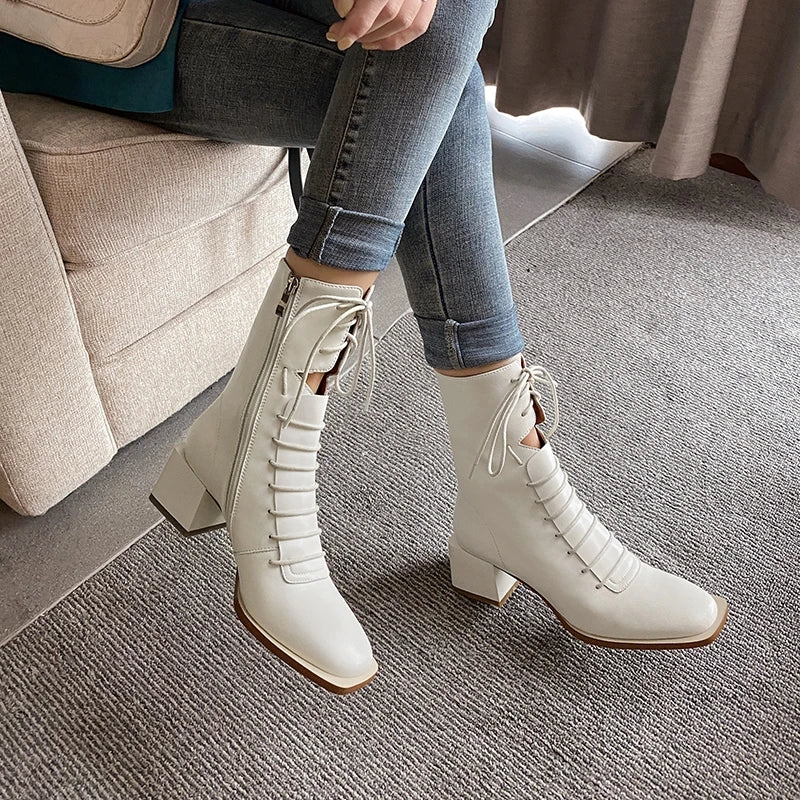 Women's Leather High Heel Ankle Boots