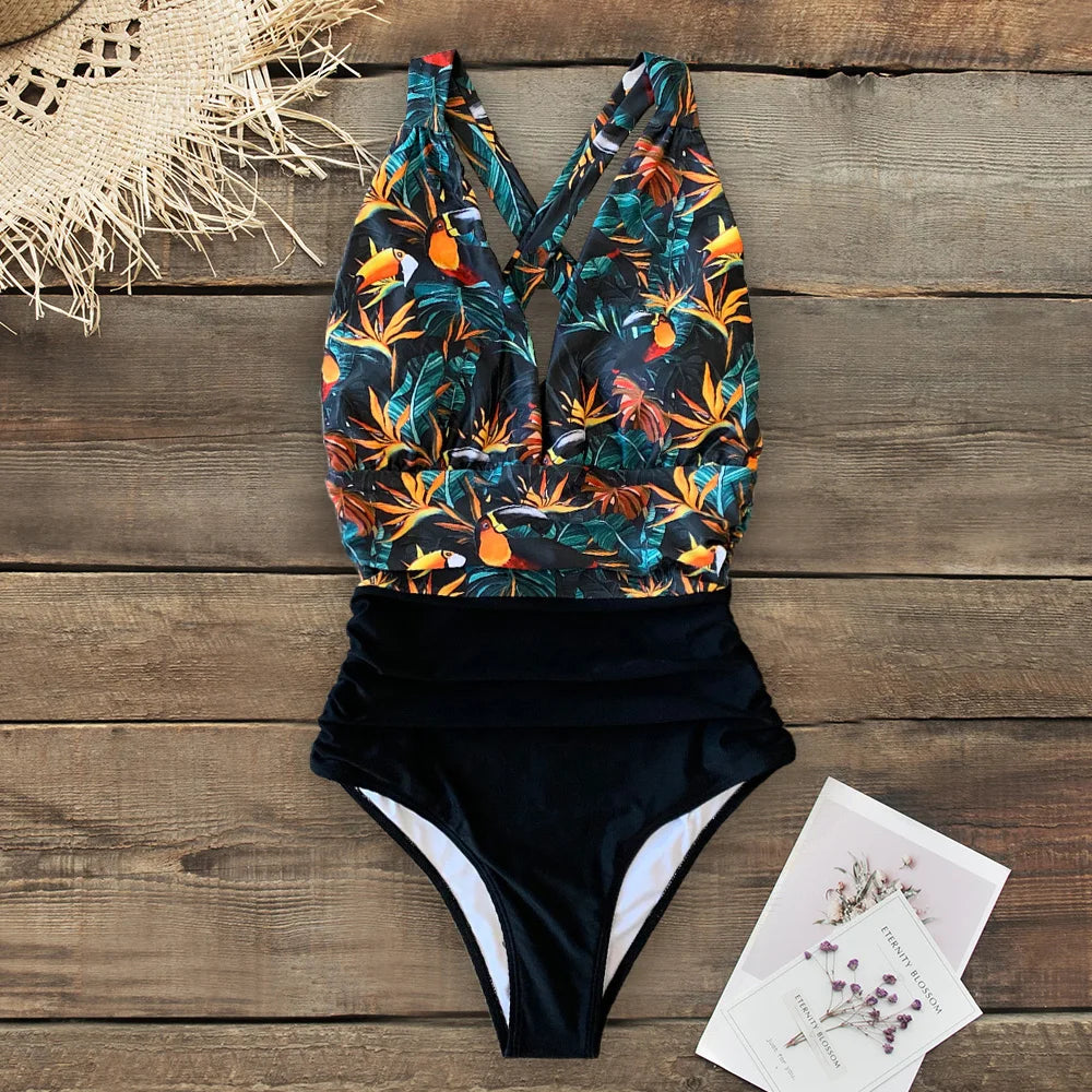 Women's One-piece Swimsuit  Deep V neck Back Cutout Ruffle Summer Swimwear