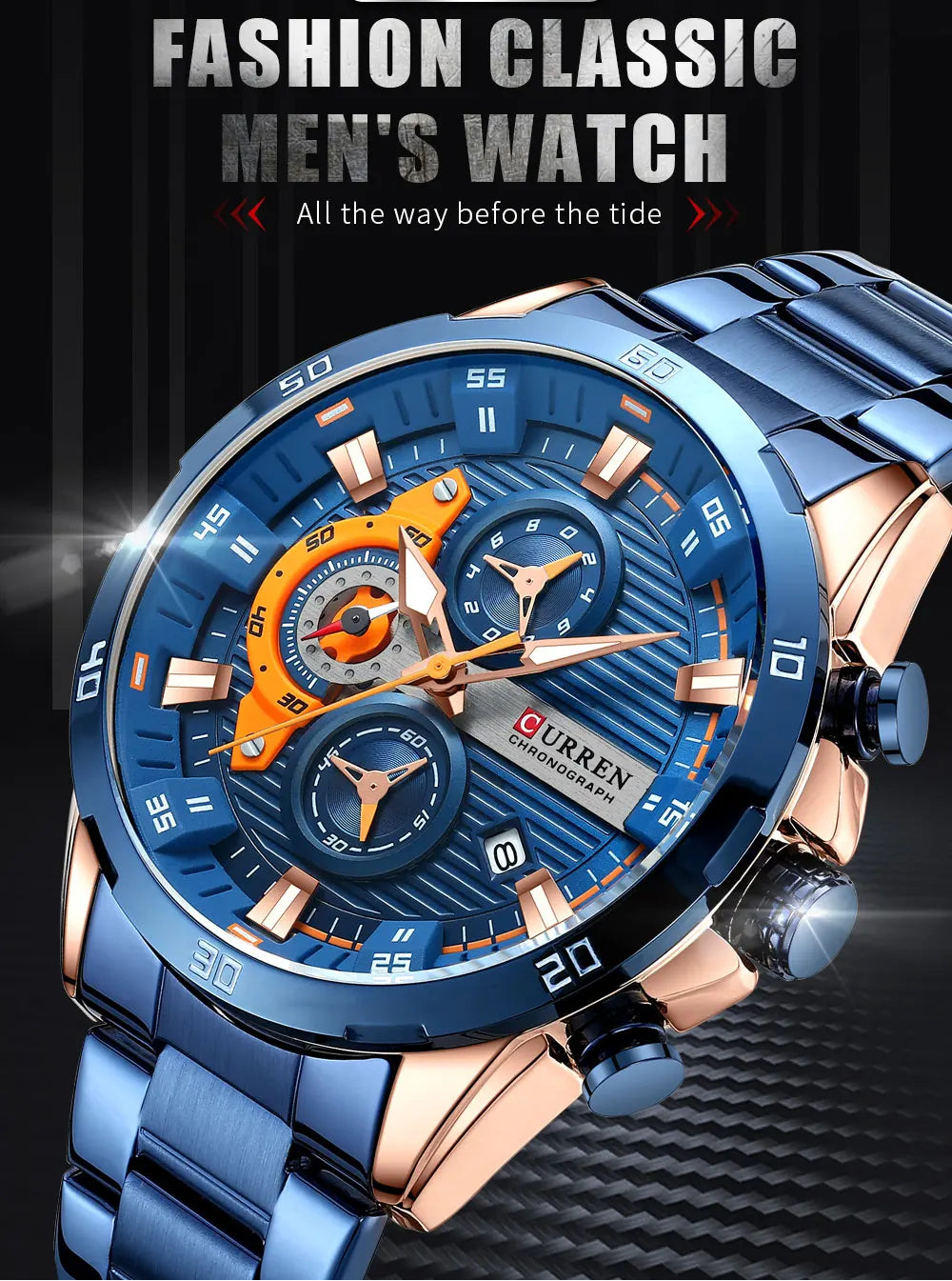 Men's Sports Watch - Full Steel Waterproof Chronograph Quartz
