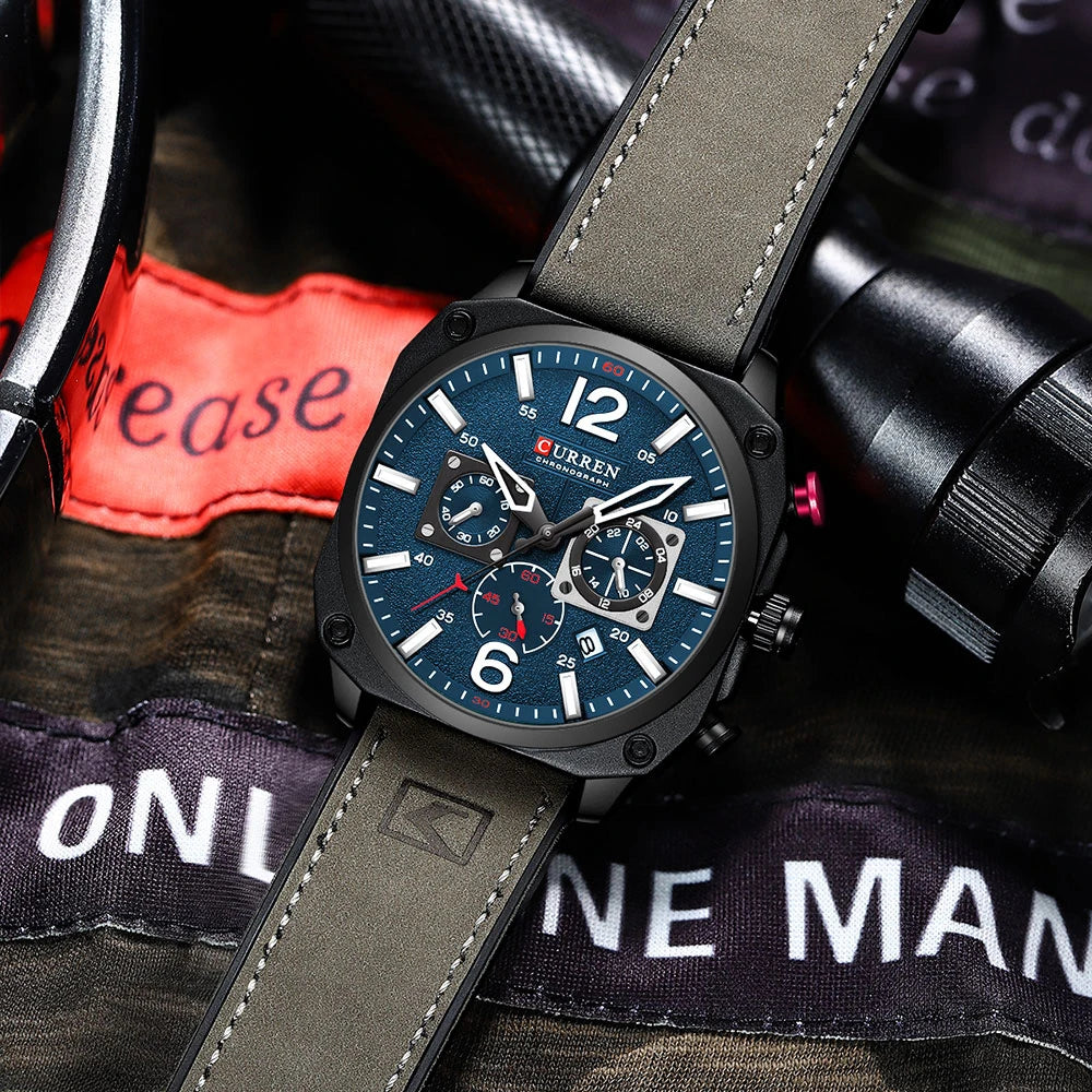 Men's Military Sports Watch - Leather Strap Chronograph Quartz