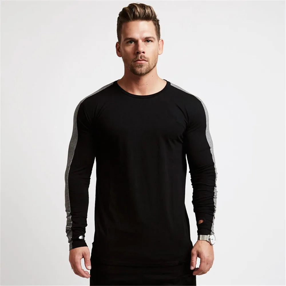 Long Sleeve Sport  Gym Shirt - Men Rushgard Running Cotton Stripe Fitness T Shirt