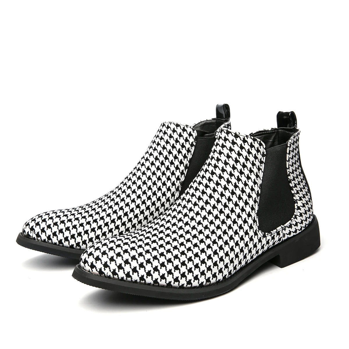 Men's Houndstooth Ankle Boots - Leather Buckle Dress Shoes