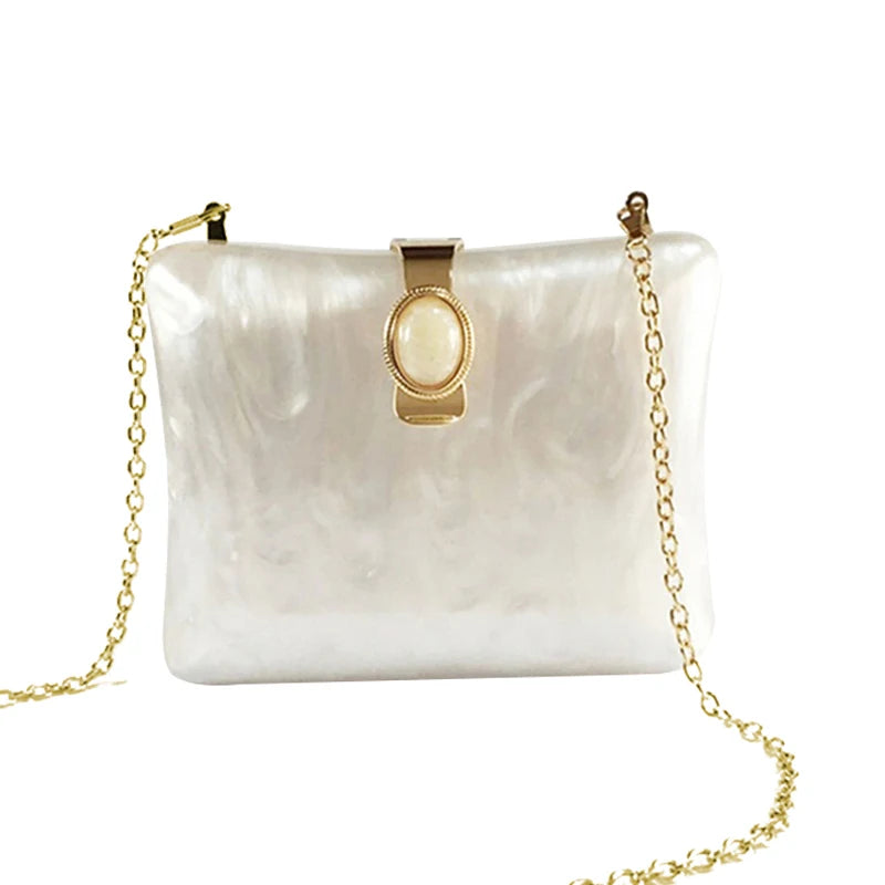 Women's Pearl Acrylic Chain Clutch Purse  Crossbody Bag