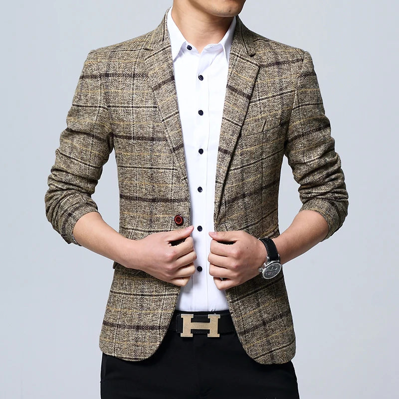 Men Blazers Slim Fit Plaid Blazer Jacket