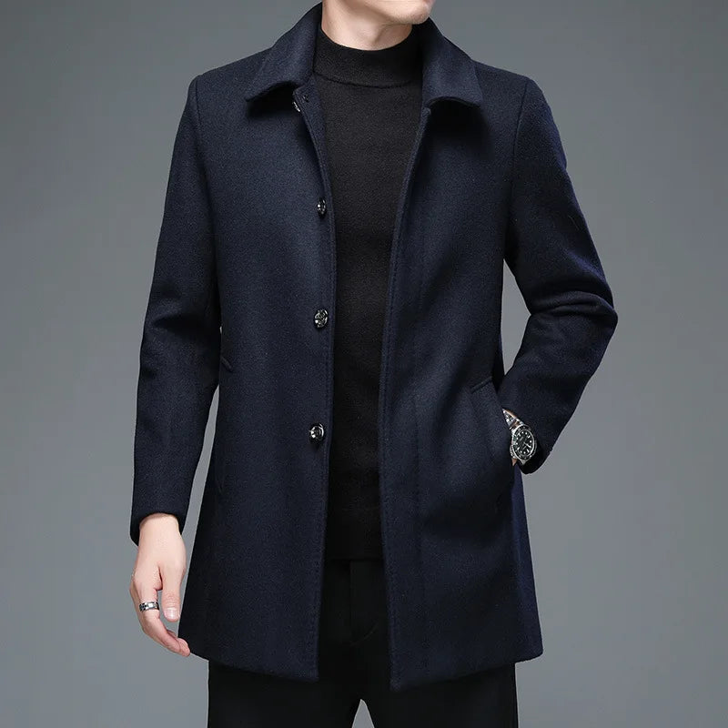 Men's Winter Long Overcoat Turn Down Collar Wool Blends Jacket