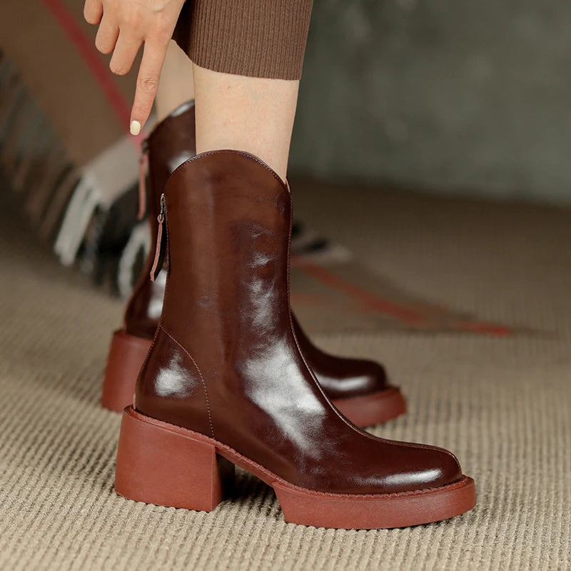 Women's Genuine Leather Chunky Heels Ankle Boots