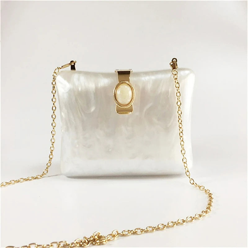 Women's Pearl Acrylic Chain Clutch Purse  Crossbody Bag