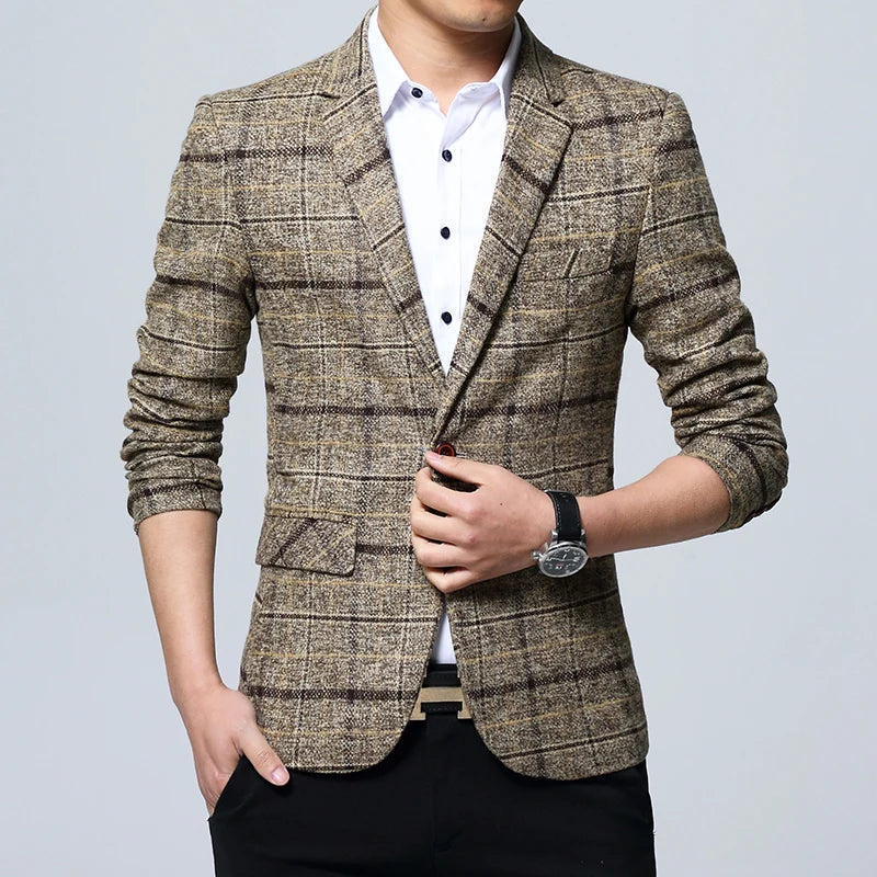 Men Blazers Slim Fit Plaid Blazer Jacket