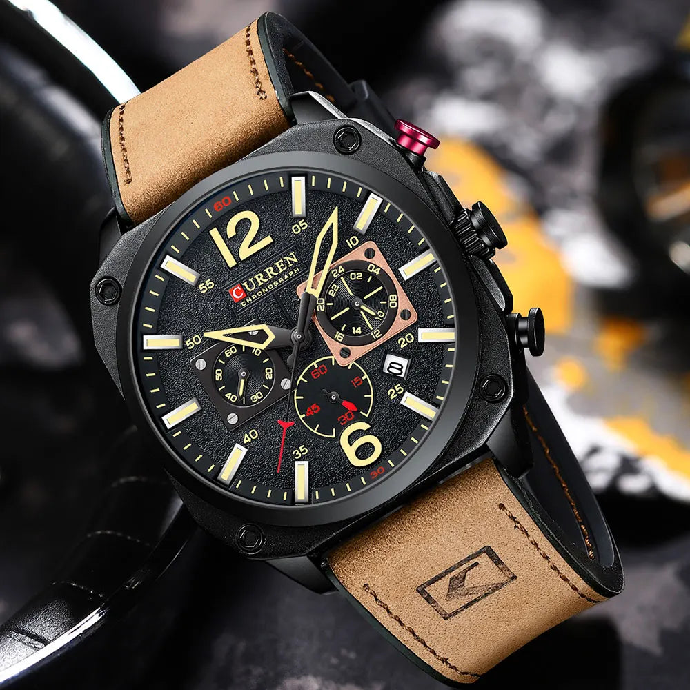 Men's Military Sports Watch - Leather Strap Chronograph Quartz