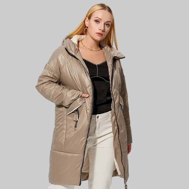 Women's Hooded Parka Jacket Plus Size Mid-Length Cotton Lined Coat