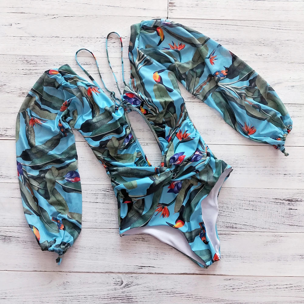 Women's Summer Vintage One Piece Swimsuit Long Sleeve Swimwear