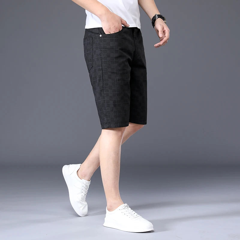 Men's Thin Plaid Shorts Men Knee Length Pants Straight Beach Short 98%Cotton Blue Plaid Patchwork Pant Male