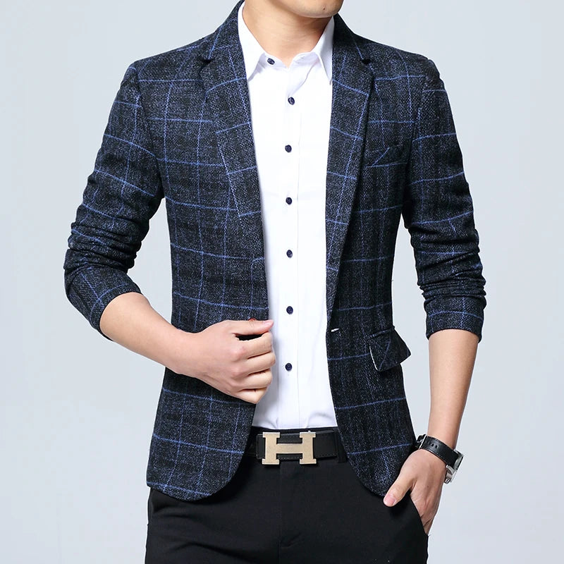 Men Blazers Slim Fit Plaid Blazer Jacket