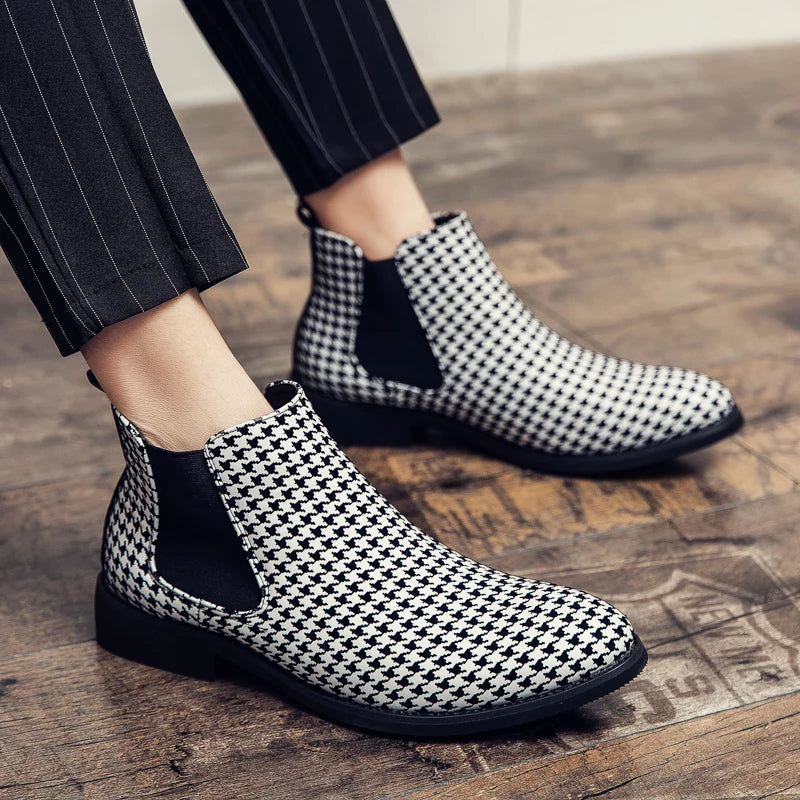 Men's Houndstooth Ankle Boots - Leather Buckle Dress Shoes