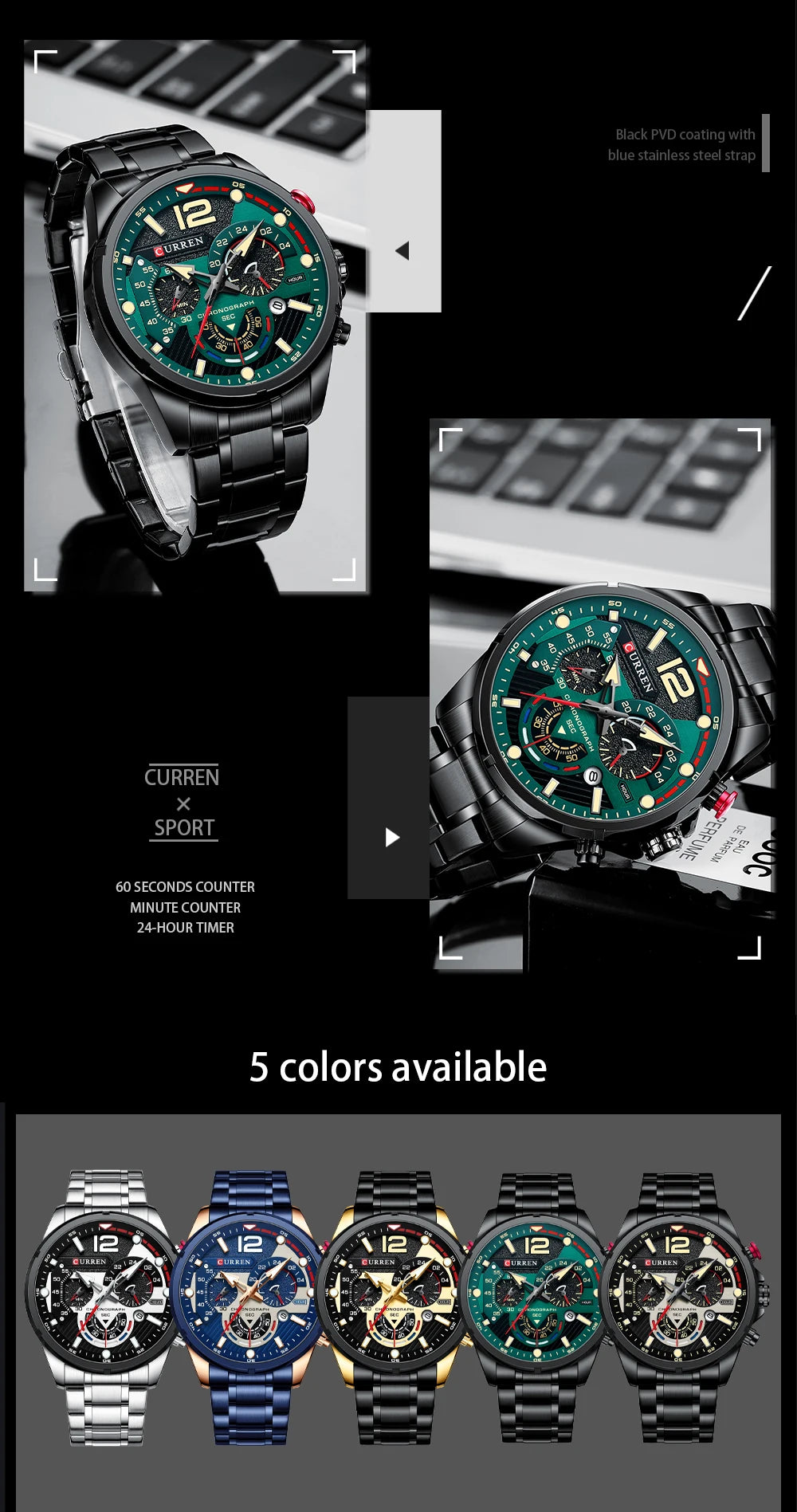Premium Green Stainless Steel Quartz Watch - Waterproof Sport Chronograph