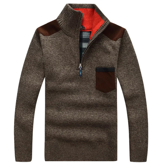 Men's Knitted Wool Fleece Thick Casual Pullover Patchwork Warm Pocket  Standing Collar Sweater