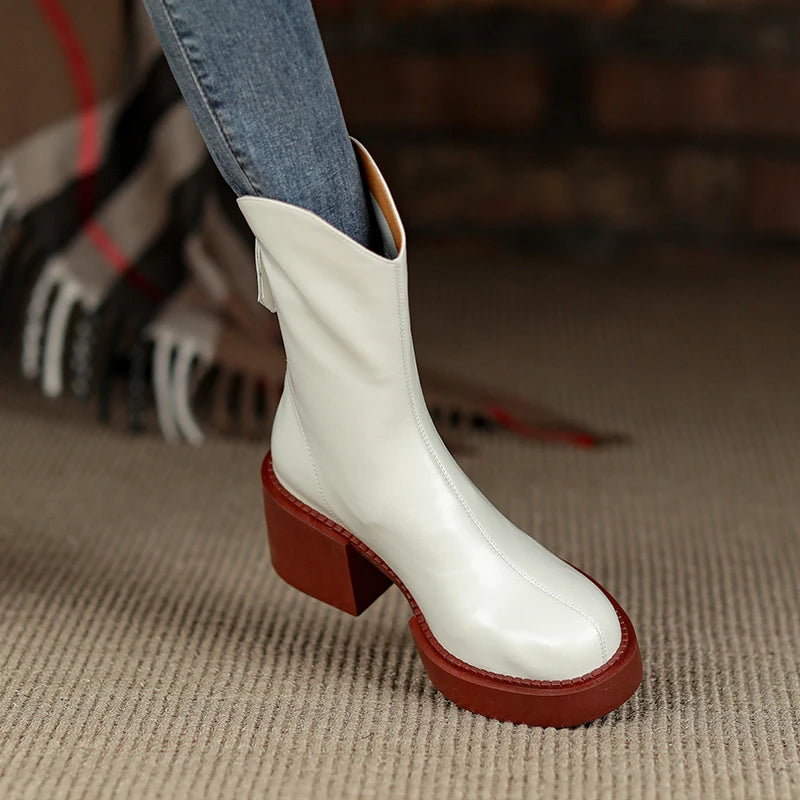 Women's Genuine Leather Chunky Heels Ankle Boots