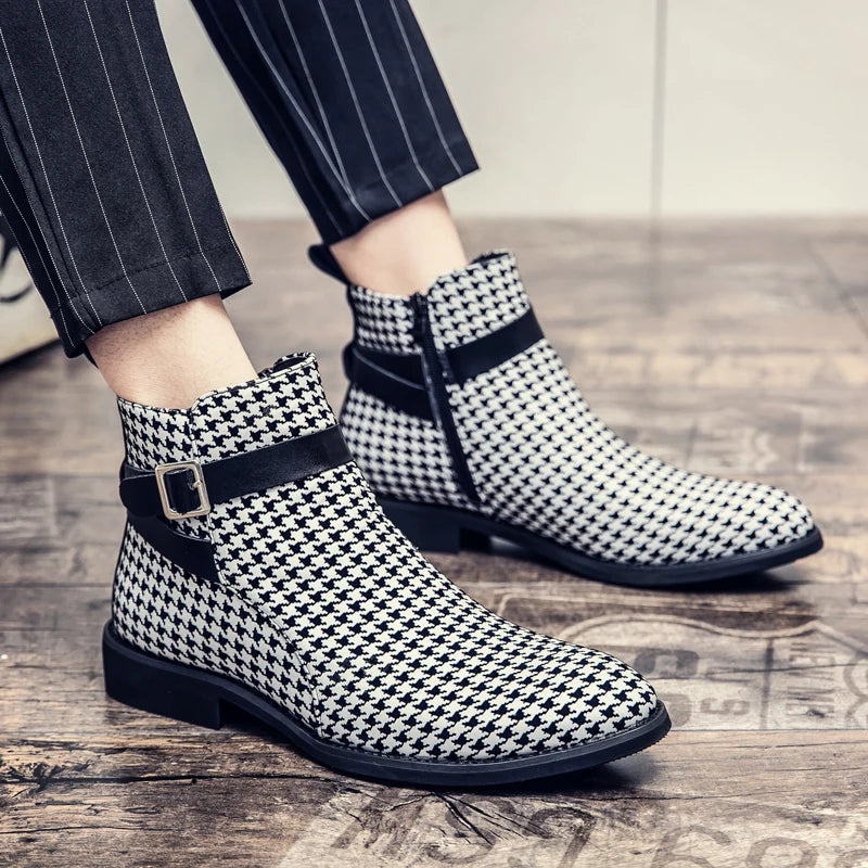 Men's Houndstooth Ankle Boots - Leather Buckle Dress Shoes