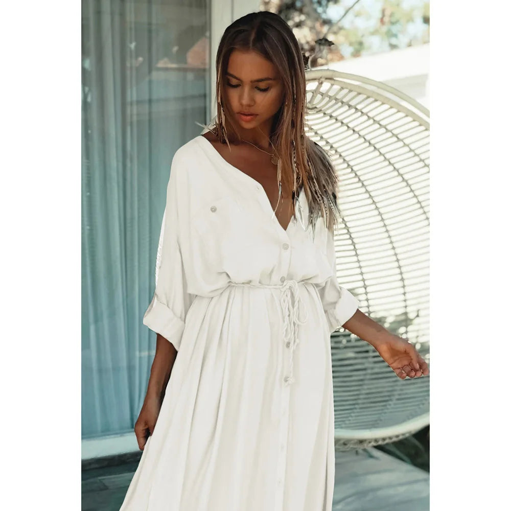 Bikini Cover-Ups Elegant Hollow Out Deep V-neck Summer Beach Dress Cotton Tunic Women's Beachwear Swimsuit Cover Up